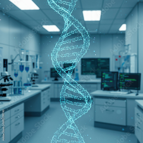 Digital DNA strand floats in sterile laboratory environment, with advanced equipment, hinting potential for future scientific discoveries and breakthroughs