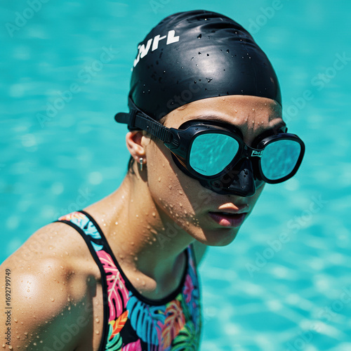 Asian Woman in Swimsuit looks intensely into camera while inside pool, she feels determined and ready to swim