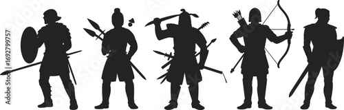 Silhouette Vector of Ancient Armed Warriors with Swords, Spears, Shields, and Bows for Battle, War, and Historical Combat Design