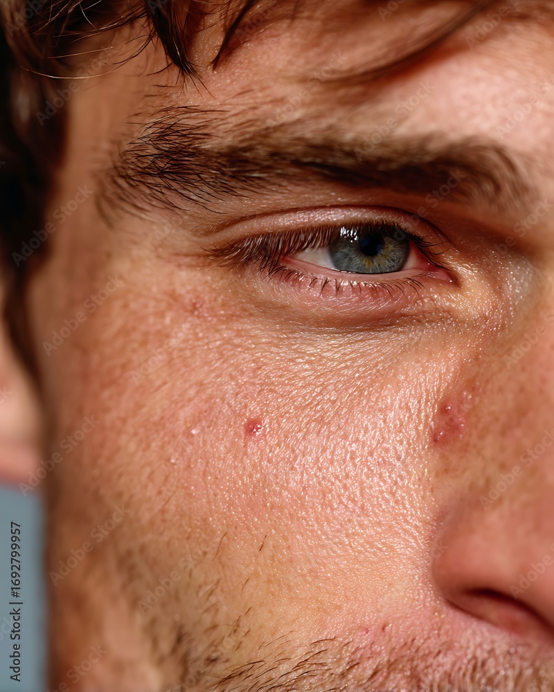 Fototapeta premium Dermatology Photo, Young Man’S Cheek, Single Swollen Red Raised Bump With Irritation Caused By Insect Bite,