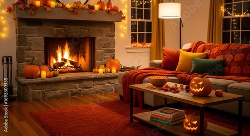 Cozy living room decorated for halloween with fireplace and pumpkins