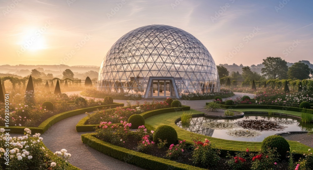 Obraz premium Glass dome greenhouse in rose garden at sunrise