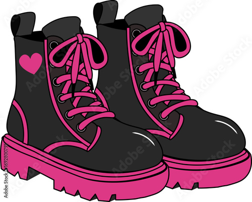 A stylish illustration of a pair of black platform boots with vibrant pink laces and accents. The boots are adorned with a pink heart, making them perfect for designs related to fashion, grunge, alter