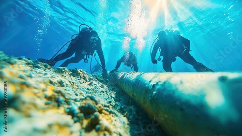 Commercial divers examining submarine pipeline underwater, highlighting marine engineering complexity against deep blue professional with oceanic backdrop precision