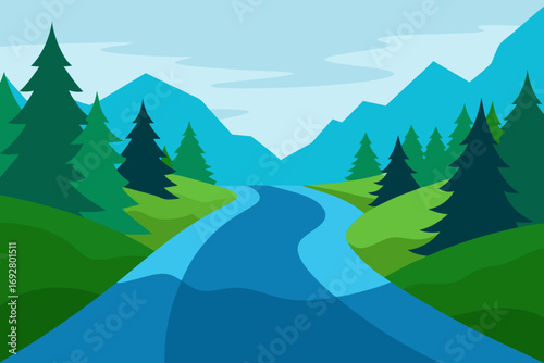 Winding blue river flows through green hills and pine trees towards distant mountains