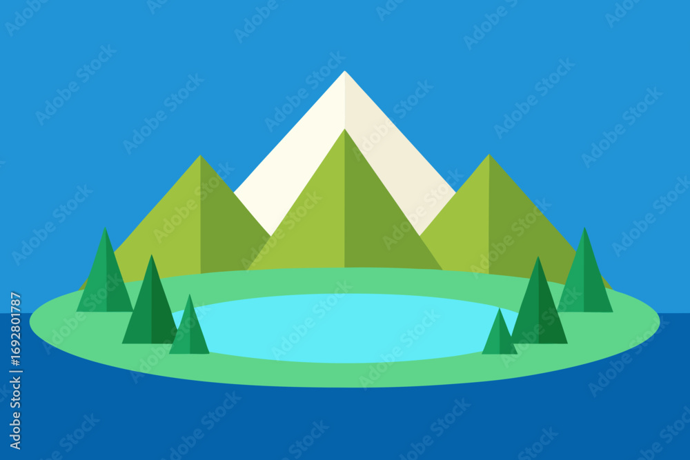 Fototapeta premium Stylized geometric mountain landscape with a serene lake and pine trees