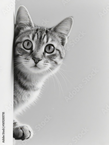 Cat Peeking From Corner Cute Pet Black And White Portrait