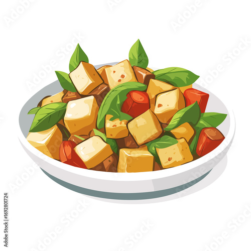 Tofu Stir Fry, flat style 2D vector image, isolated on a white background