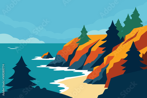 Stylized coastal landscape with orange cliffs and pine trees by the ocean