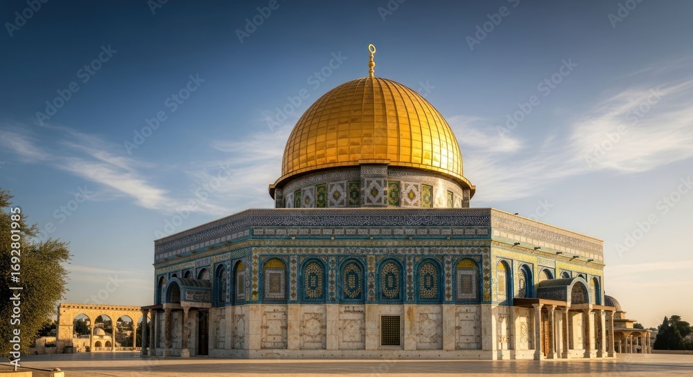Obraz premium Golden dome mosque, serene sunrise