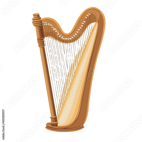 Flat 2D Stringed Harp illustration, vector graphic in icon style, on white background
