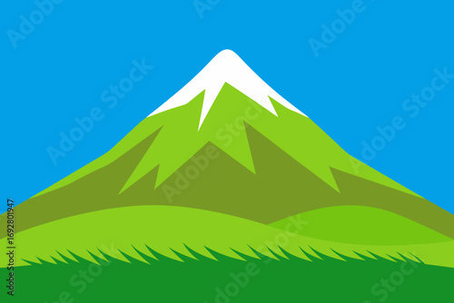Stylized green mountain with snow cap under a bright blue sky