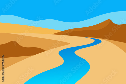 Vibrant desert landscape with a winding blue river flowing through sand dunes
