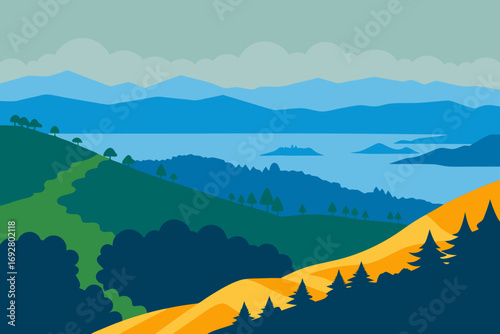Vibrant landscape illustration of rolling hills and distant blue mountains overlooking a serene lake