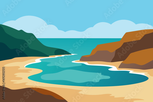 Stylized flat illustration of a serene beach cove with turquoise water and sandy shores