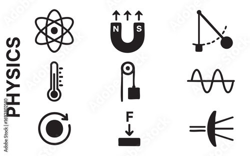 A set of 8 black and white icons related to physics.