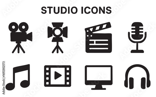 a set of 4 black and white icons related to studio activities
