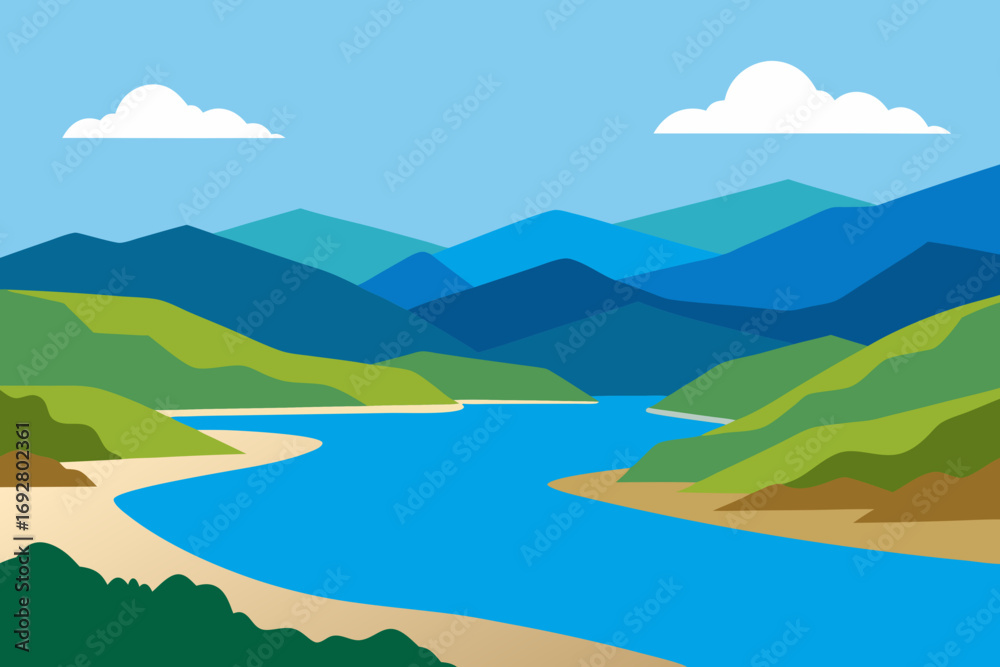 Vibrant flat illustration of a winding river flowing through green hills and blue mountains Vibrant flat illustration of a winding river flowing through green hills and blue mountains