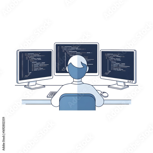 A minimalist line art illustration of a person coding on three computer monitors. Represents software development, programming, and IT work.