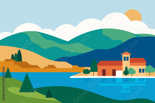 Vibrant flat illustration of a serene lakeside village with rolling hills and a bright sun