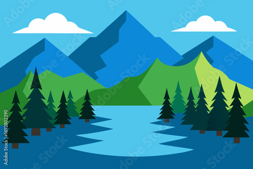 Stylized flat illustration of a serene mountain lake surrounded by evergreen trees