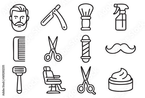 A set of outline icons related to hairdressing and barber services.