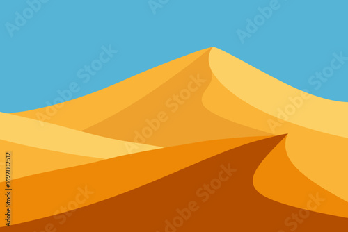 Abstract minimalist desert landscape with rolling sand dunes under a clear blue sky