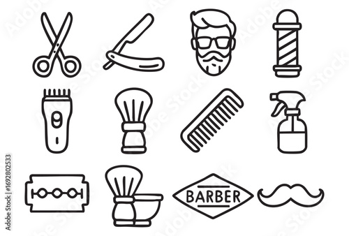 A set of outline icons related to hairdressing and barber services.