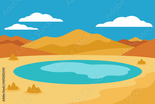 Vibrant desert landscape with a sparkling oasis surrounded by rolling hills and clouds