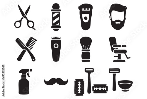 set of black icons for barber or hairdresser tools