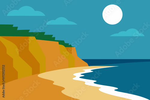 Stylized coastal landscape with sandy beach cliffs ocean and sun