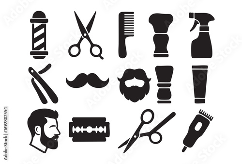 set of black icons for barber or hairdresser tools
