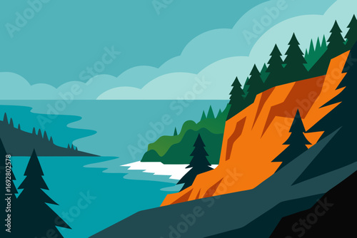 Stylized illustration of a serene coastal landscape with cliffs and pine trees