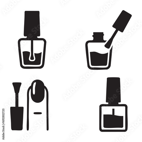 set of black and white icons with a bottle of nail polish and a brush