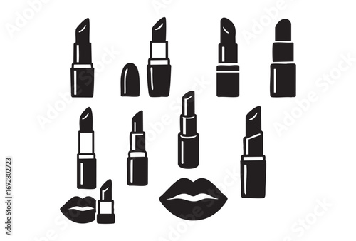 A set of stylized black-and-white icons depicting lipsticks of various designs and shapes, as well as two silhouettes of lips.