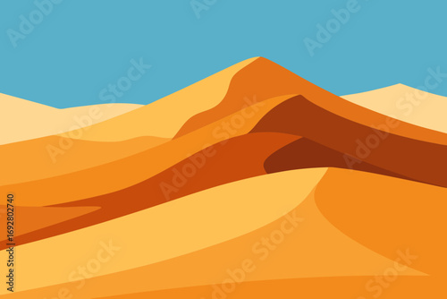 Stylized desert landscape with rolling sand dunes under a clear blue sky