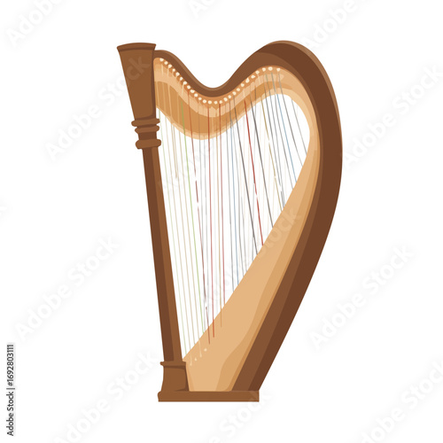Stringed Harp, flat style 2D vector image, isolated on a white background