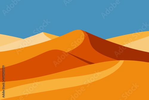 Stylized abstract desert landscape with rolling sand dunes under a clear blue sky