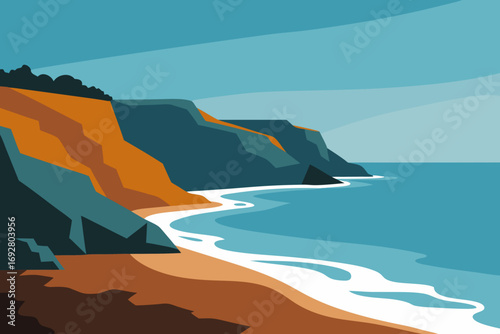 Stylized illustration of a rugged coastline with orange cliffs and blue ocean waves