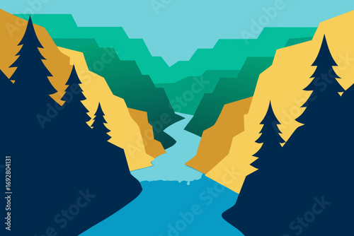 Stylized flat illustration of a winding river flowing through a canyon with pine trees