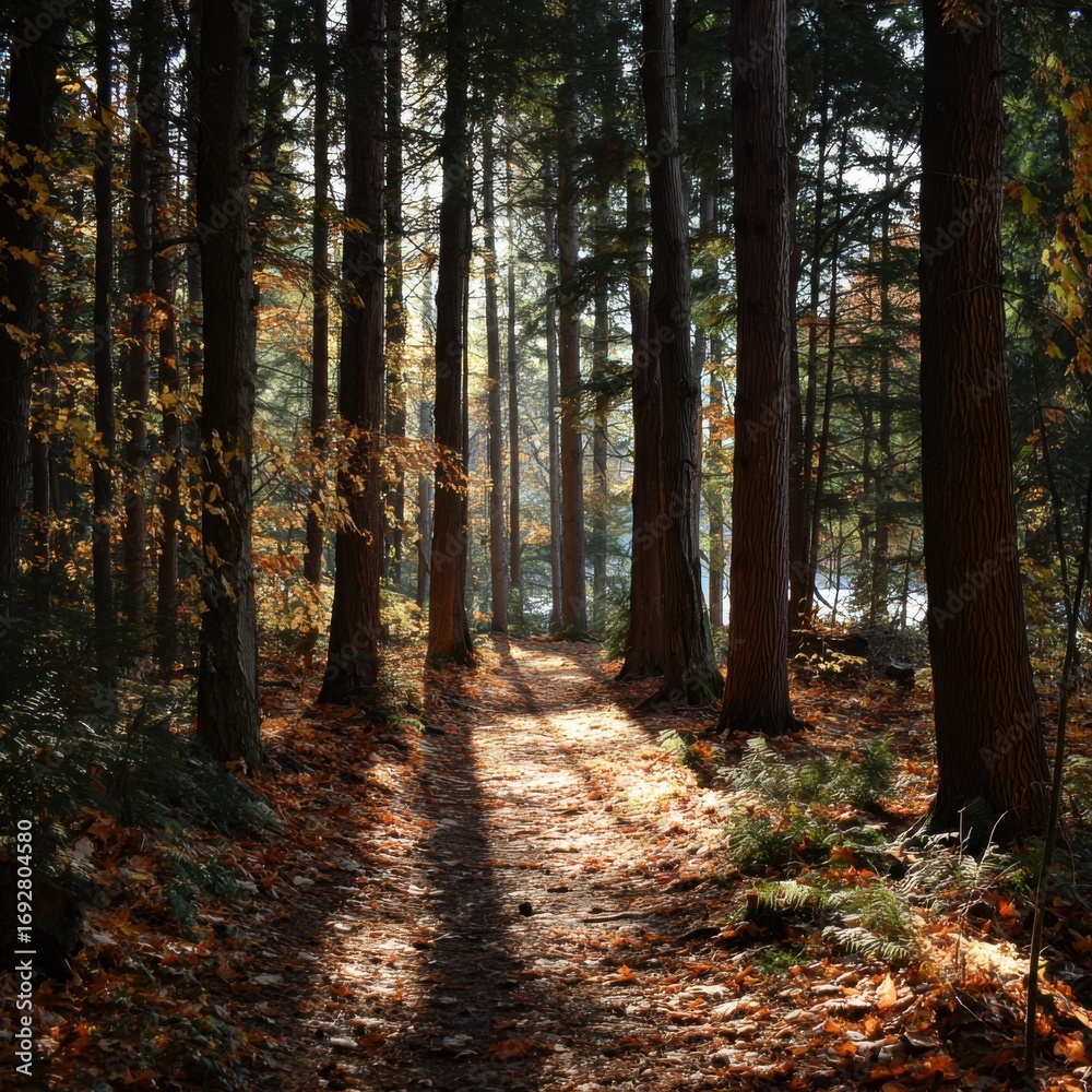 Obraz premium Sunlit forest path in autumn