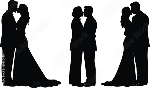 Romantic Couple Silhouettes Kissing Wedding Bride Groom LGBT Love Vector Illustration Set Isolated Elegant Pose Clipart Black Design