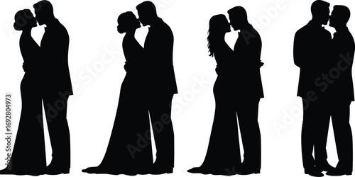 Romantic Couple Silhouette Vector Set Kissing Wedding Lovers Male Female LGBT Embrace Black Isolated Clipart Illustration Design
