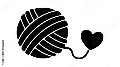 Yarn ball with heart and thread with transparent background