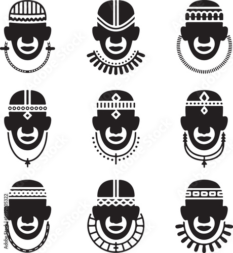 collection, of, stylized, african, tribal, face, icons, with, traditional, headdresses, necklaces, and, cultural, ornaments, vector