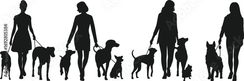 Vector Silhouette of Women Walking Multiple Dogs on Leash for Pet Care, Dog Walker Business, Animal Lover Artwork, and Urban Lifestyle