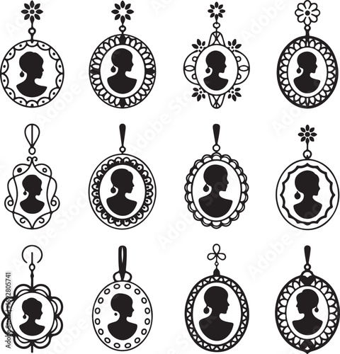 beautiful, vintage, cameo, pendant, collection, with, female, silhouette, portraits, in, classic, ornate, victorian, frames, vector