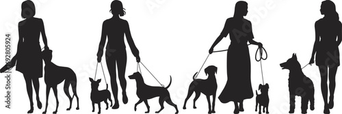 Vector Silhouette of Women Walking Dogs on Leash for Pet Care, Dog Walker Business, Urban Lifestyle, and Animal Lover Concepts