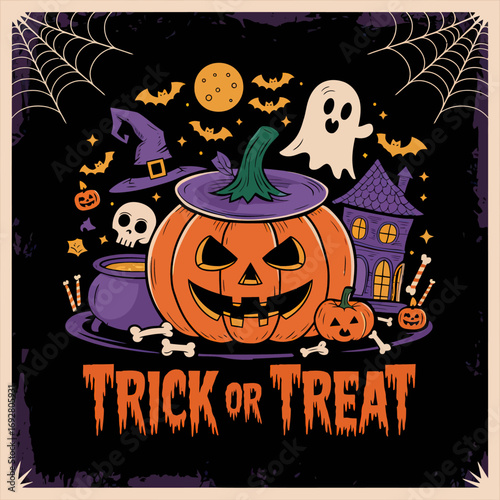 2d vector illustration Halloween t shirt icon design items ghost character Candles in carved pumpkin
