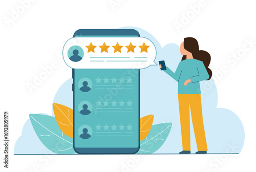 Man and woman chatting with huge phone and emoji on the background. Dating app and virtual relationship. Vector illustration.